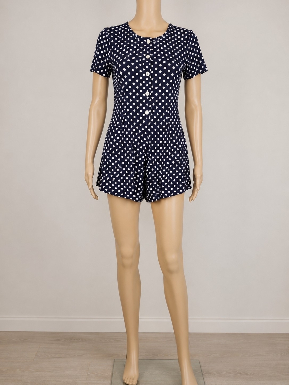 Studio Wear Polka Dot Romper Size Small Women Navy White Button Front